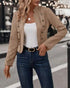 Faux Suede Stand Collar Jacket Open Front Button Decor Casual Coat khaki
