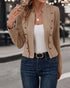 Faux Suede Stand Collar Jacket Open Front Button Decor Casual Coat khaki