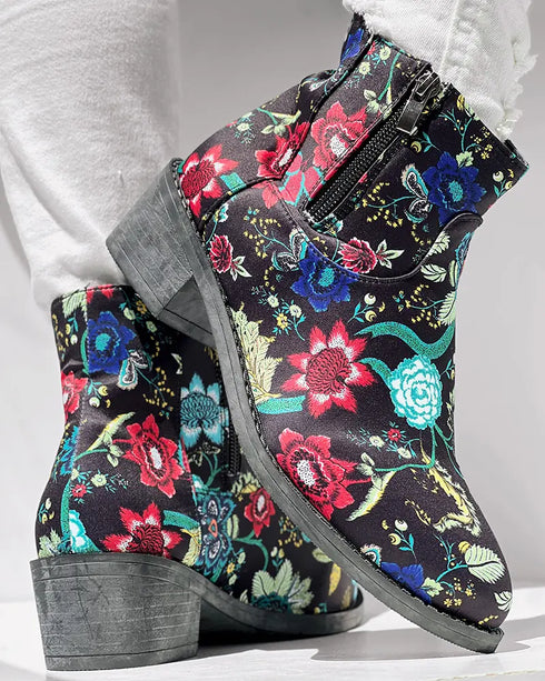 Vintage Floral Tribal Pattern Zipper Back Ankle Boots black