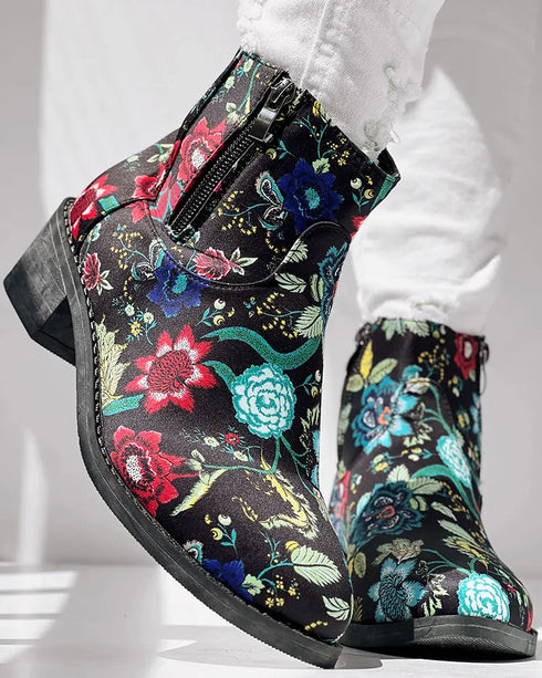 Vintage Floral Tribal Pattern Zipper Back Ankle Boots black