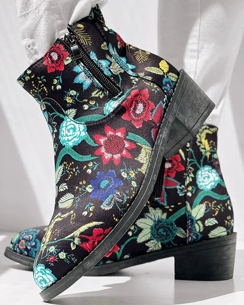 Vintage Floral Tribal Pattern Zipper Back Ankle Boots black
