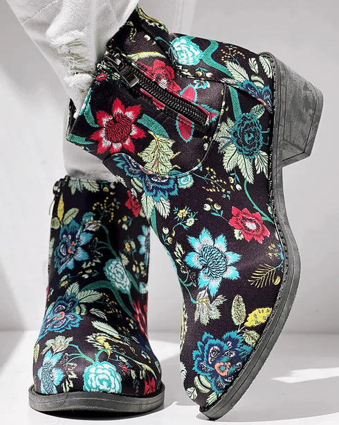 Vintage Floral Tribal Pattern Zipper Back Ankle Boots black