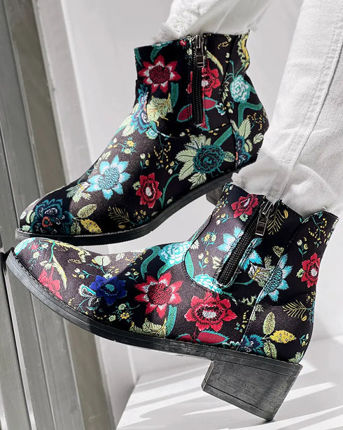Vintage Floral Tribal Pattern Zipper Back Ankle Boots black