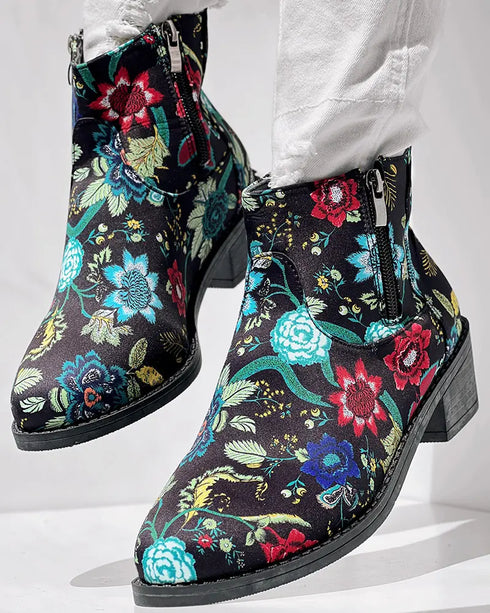 Vintage Floral Tribal Pattern Zipper Back Ankle Boots black