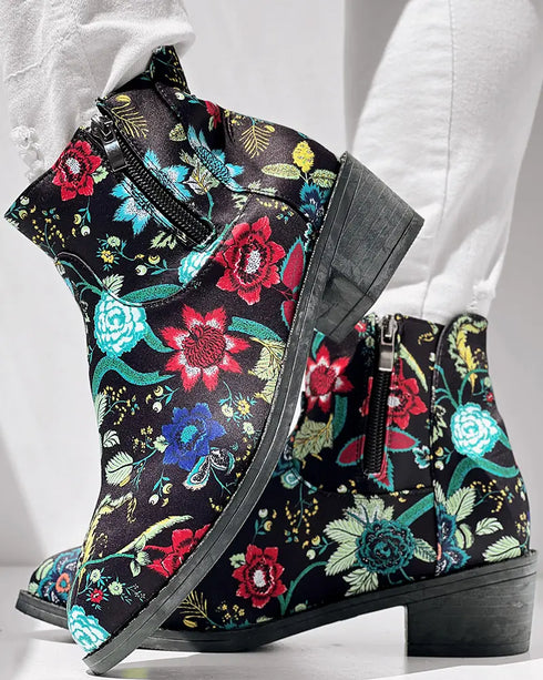 Vintage Floral Tribal Pattern Zipper Back Ankle Boots black