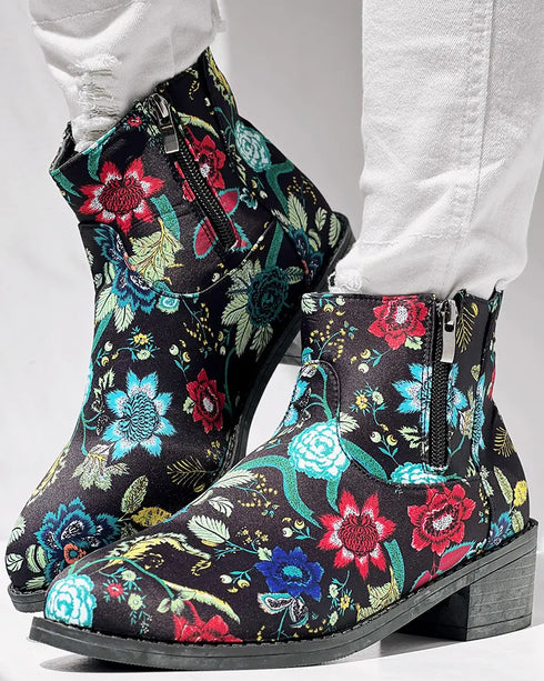 Vintage Floral Tribal Pattern Zipper Back Ankle Boots black