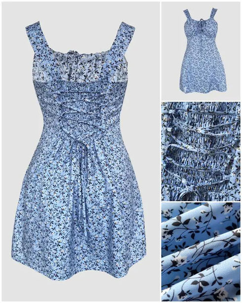 Floral Print Square Neck Thick Strap Tied Detail Romper Casual Shirred Lace-up Back Slit Skort Romper sky blue