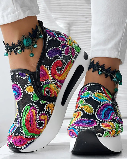 Floral Pattern Embroidery Mesh Sneakers black&multicolor