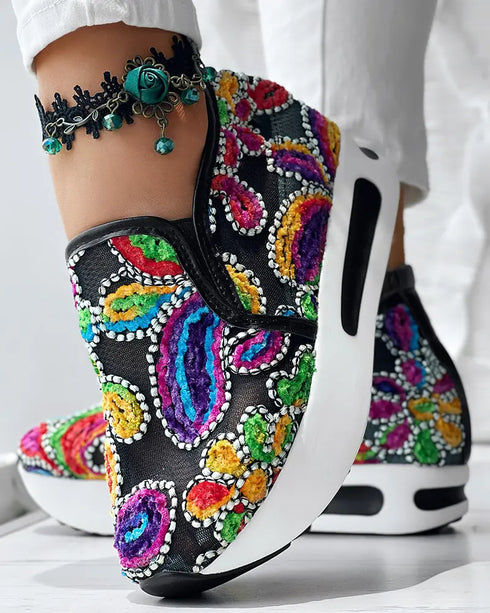 Floral Pattern Embroidery Mesh Sneakers black&multicolor