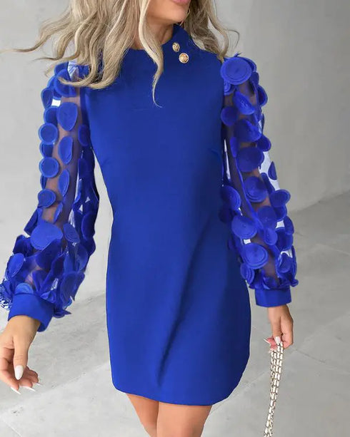 Floral Pattern Sheer Mesh Patch Casual Dress blue