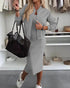 2 Pieces Outfit U-Neck Slit Back Slim Fit Knit Tank Dress and Pearl Button Front Baseball Coat Casual Ribbed Set gray