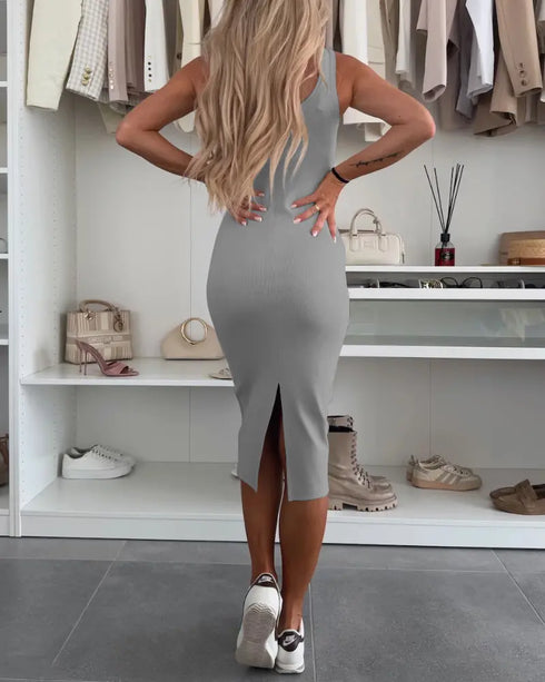 2 Pieces Outfit U-Neck Slit Back Slim Fit Knit Tank Dress and Pearl Button Front Baseball Coat Casual Ribbed Set gray