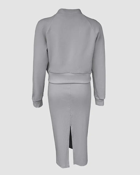 2 Pieces Outfit U-Neck Slit Back Slim Fit Knit Tank Dress and Pearl Button Front Baseball Coat Casual Ribbed Set gray