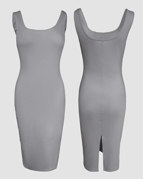 2 Pieces Outfit U-Neck Slit Back Slim Fit Knit Tank Dress and Pearl Button Front Baseball Coat Casual Ribbed Set gray