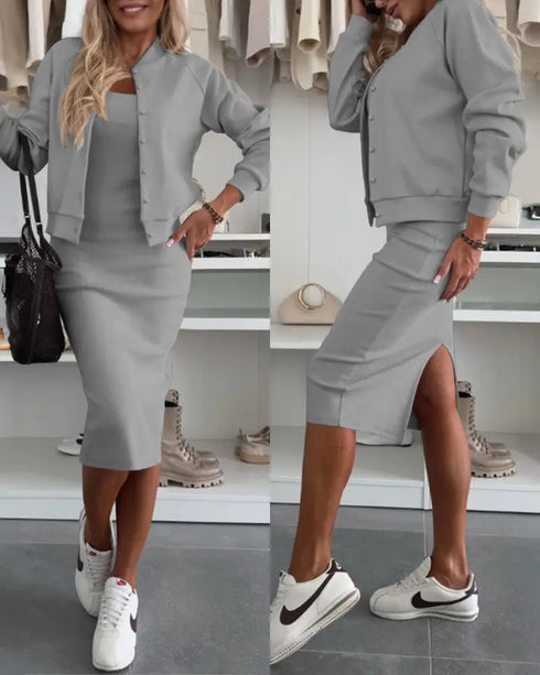 2 Pieces Outfit U-Neck Slit Back Slim Fit Knit Tank Dress and Pearl Button Front Baseball Coat Casual Ribbed Set gray