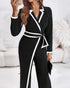 Contrast Paneled Notched Collar Padded shoulders Work Jumpsuit Casual Zipper Back Wrap Front Jumpsuit black