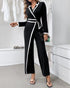 Contrast Paneled Notched Collar Padded shoulders Work Jumpsuit Casual Zipper Back Wrap Front Jumpsuit black
