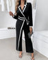 Contrast Paneled Notched Collar Padded shoulders Work Jumpsuit Casual Zipper Back Wrap Front Jumpsuit black