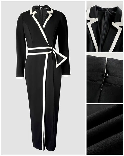 Contrast Paneled Notched Collar Padded shoulders Work Jumpsuit Casual Zipper Back Wrap Front Jumpsuit black