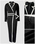 Contrast Paneled Notched Collar Padded shoulders Work Jumpsuit Casual Zipper Back Wrap Front Jumpsuit black