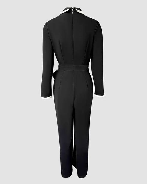 Contrast Paneled Notched Collar Padded shoulders Work Jumpsuit Casual Zipper Back Wrap Front Jumpsuit black