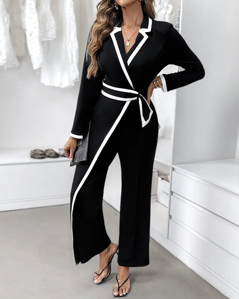 Contrast Paneled Notched Collar Padded shoulders Work Jumpsuit Casual Zipper Back Wrap Front Jumpsuit black