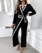 Contrast Paneled Notched Collar Padded shoulders Work Jumpsuit Casual Zipper Back Wrap Front Jumpsuit black