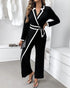 Contrast Paneled Notched Collar Padded shoulders Work Jumpsuit Casual Zipper Back Wrap Front Jumpsuit black