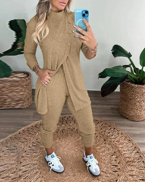 2 Piece Sequin Heart Pattern Mock Neck Long Sleeve Slit Top Leopard Print High Waist Cuffed Pants Lounge Sets khaki