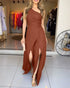 One Shoulder Ruched Zipper Side Slim Fit Jumpsuit High Slit Wrap Wide Leg Jumpsuit brown