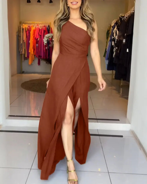 One Shoulder Ruched Zipper Side Slim Fit Jumpsuit High Slit Wrap Wide Leg Jumpsuit brown