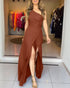 One Shoulder Ruched Zipper Side Slim Fit Jumpsuit High Slit Wrap Wide Leg Jumpsuit brown