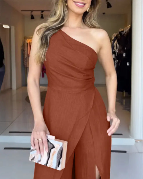One Shoulder Ruched Zipper Side Slim Fit Jumpsuit High Slit Wrap Wide Leg Jumpsuit brown