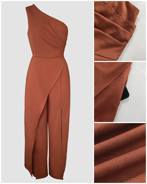 One Shoulder Ruched Zipper Side Slim Fit Jumpsuit High Slit Wrap Wide Leg Jumpsuit brown