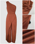 One Shoulder Ruched Zipper Side Slim Fit Jumpsuit High Slit Wrap Wide Leg Jumpsuit brown