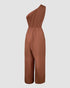 One Shoulder Ruched Zipper Side Slim Fit Jumpsuit High Slit Wrap Wide Leg Jumpsuit brown