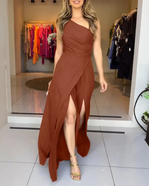 One Shoulder Ruched Zipper Side Slim Fit Jumpsuit High Slit Wrap Wide Leg Jumpsuit brown