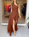 One Shoulder Ruched Zipper Side Slim Fit Jumpsuit High Slit Wrap Wide Leg Jumpsuit brown