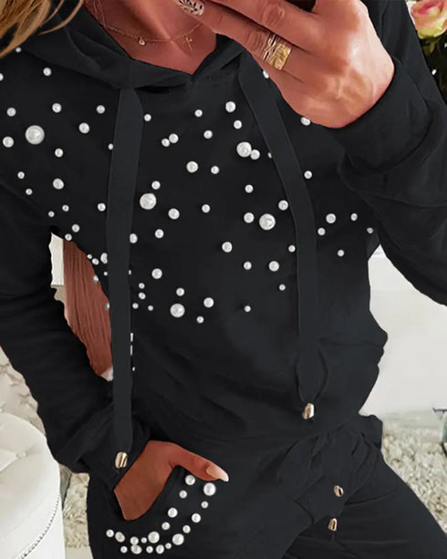 Beaded Hooded Top & Drawstring Pants Set black