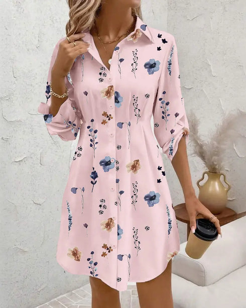 Floral Print Turn-down Collar Long Sleeve Casual Pressed Pleats Shirt Dress light pink
