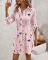 Butterfly Print Turn-down Collar Long Sleeve Casual Shirred Shirt Dress light pink