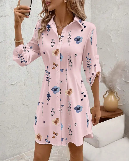 Abstract Print Turn-down Collar Turn-Up Sleeves Shirred Back Dress Casual Button Down Cinched Waist Curved Hem Shirt Dress light pink