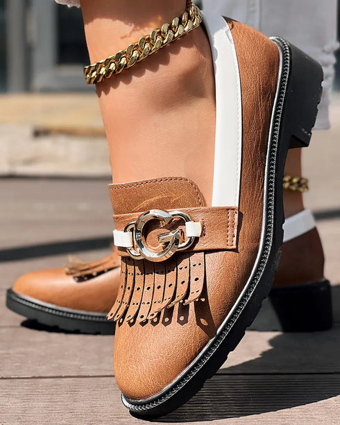 Metal Decor Contrast Paneled Fringe Round Toe Casual Flat Loafers brown