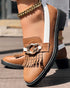 Metal Decor Contrast Paneled Fringe Round Toe Casual Flat Loafers brown