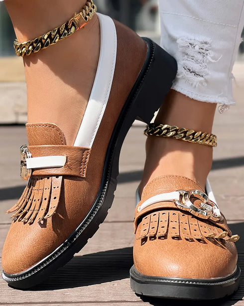 Metal Decor Contrast Paneled Fringe Round Toe Casual Flat Loafers brown