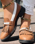 Metal Decor Contrast Paneled Fringe Round Toe Casual Flat Loafers brown