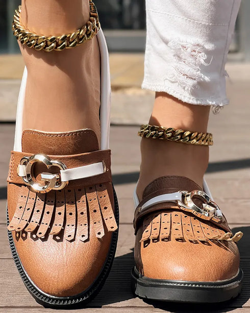 Metal Decor Contrast Paneled Fringe Round Toe Casual Flat Loafers brown