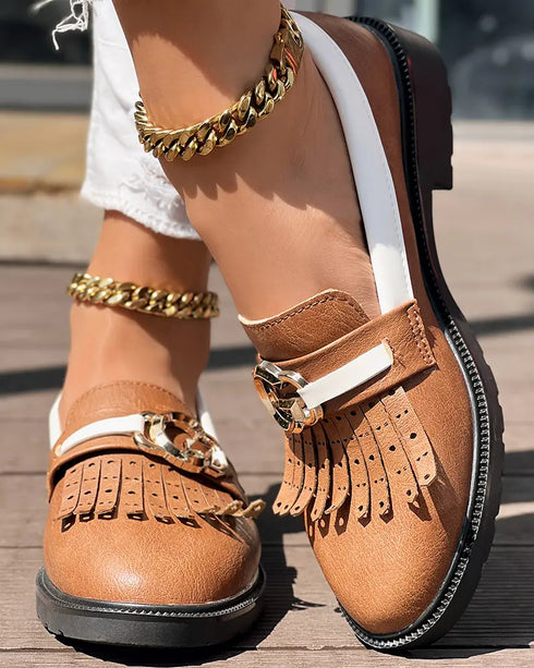 Metal Decor Contrast Paneled Fringe Round Toe Casual Flat Loafers brown