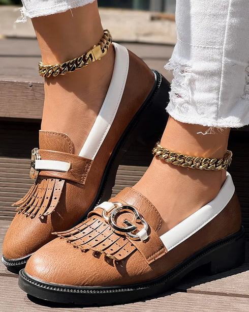 Metal Decor Contrast Paneled Fringe Round Toe Casual Flat Loafers brown