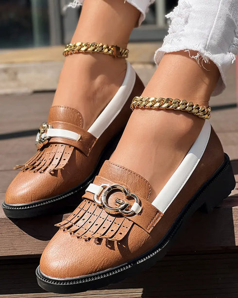 Metal Decor Contrast Paneled Fringe Round Toe Casual Flat Loafers brown